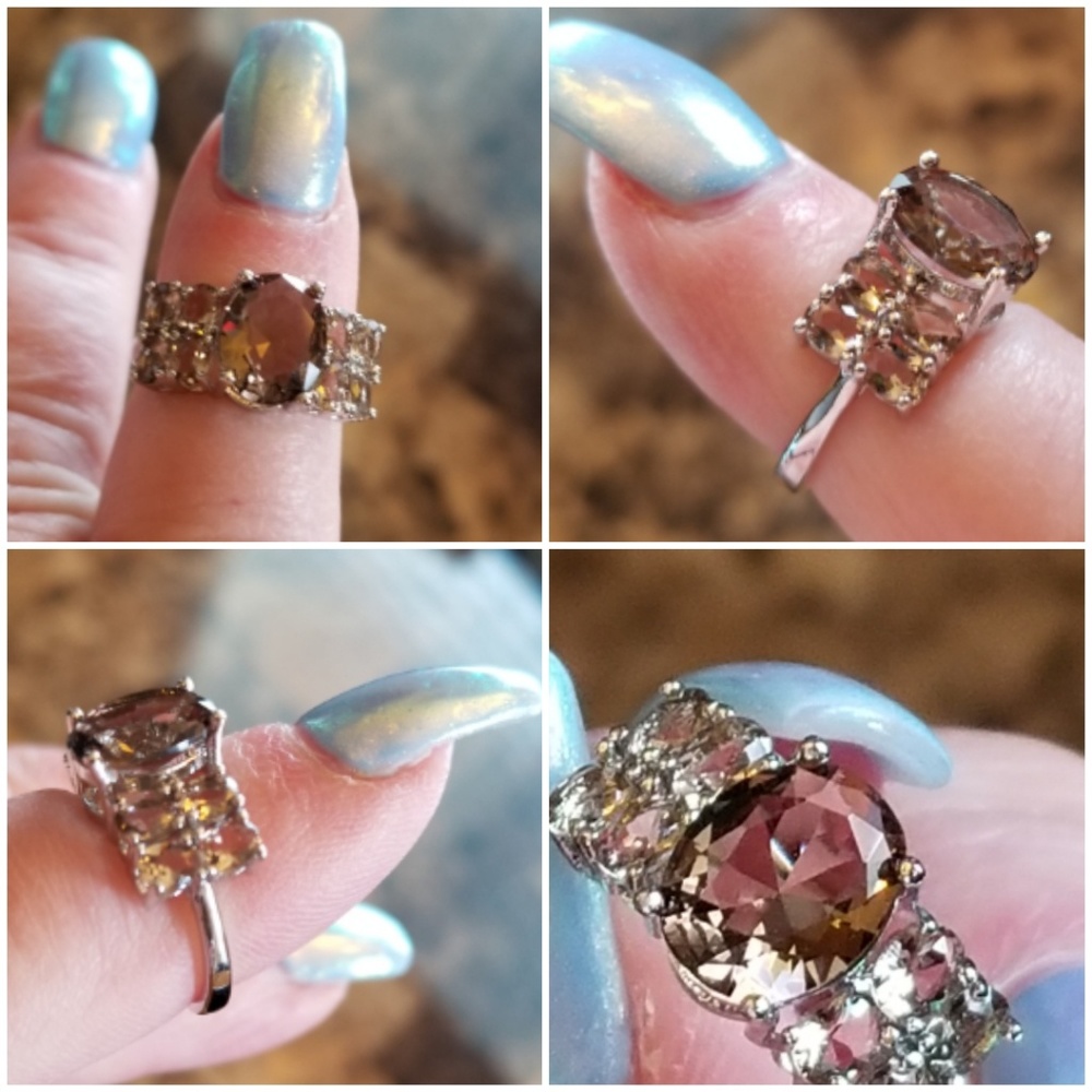 Genuine 5ct Smokey Topaz Cluster Ring Size 5.5 - Picture 3 of 7